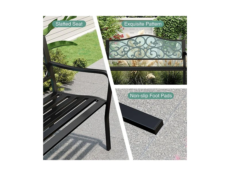 Mondawe 50 Inches Outdoor Cast Iron Metal Patio Bench with Floral Design Backrest and Slatted Seat