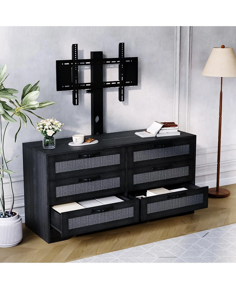 gaomon 47.2 Rattan Tv Stand with Mount for TVs 32–85", Modern Media Console with 6 Rattan Drawers and Adjustable Bracket