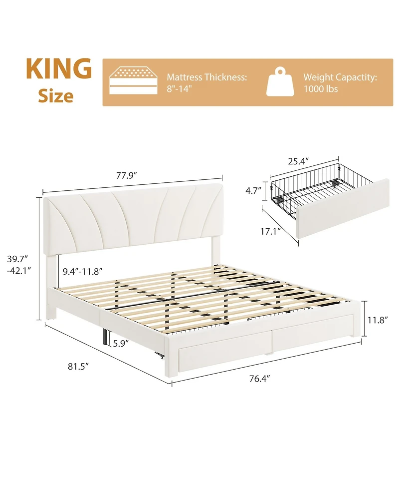 Homfan Velvet Bed Frame with 2 Storage Drawers ? Adjustable Headboard, Platform Bed with Wooden Slats, No Box Spring Needed, Easy Assembly