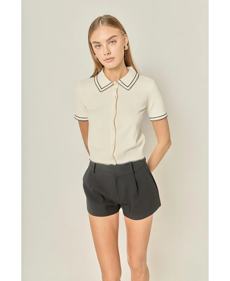 English Factory Women's Collared Short Sleeve Knit Cardigan Sweaters