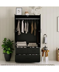 gaomon Freestanding Wardrobe Closet with Hanging Rod and 3 Drawers, 70" Tall Wooden Storage Cabinet for Bedroom