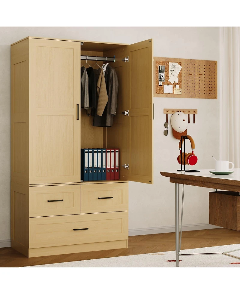 gaomon Freestanding Wardrobe Closet with Hanging Rod and 3 Drawers, 70" Tall Wooden Storage Cabinet for Bedroom