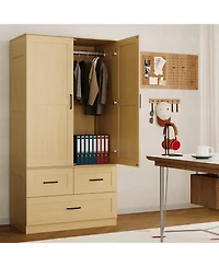 gaomon Freestanding Wardrobe Closet with Hanging Rod and 3 Drawers, 70" Tall Wooden Storage Cabinet for Bedroom