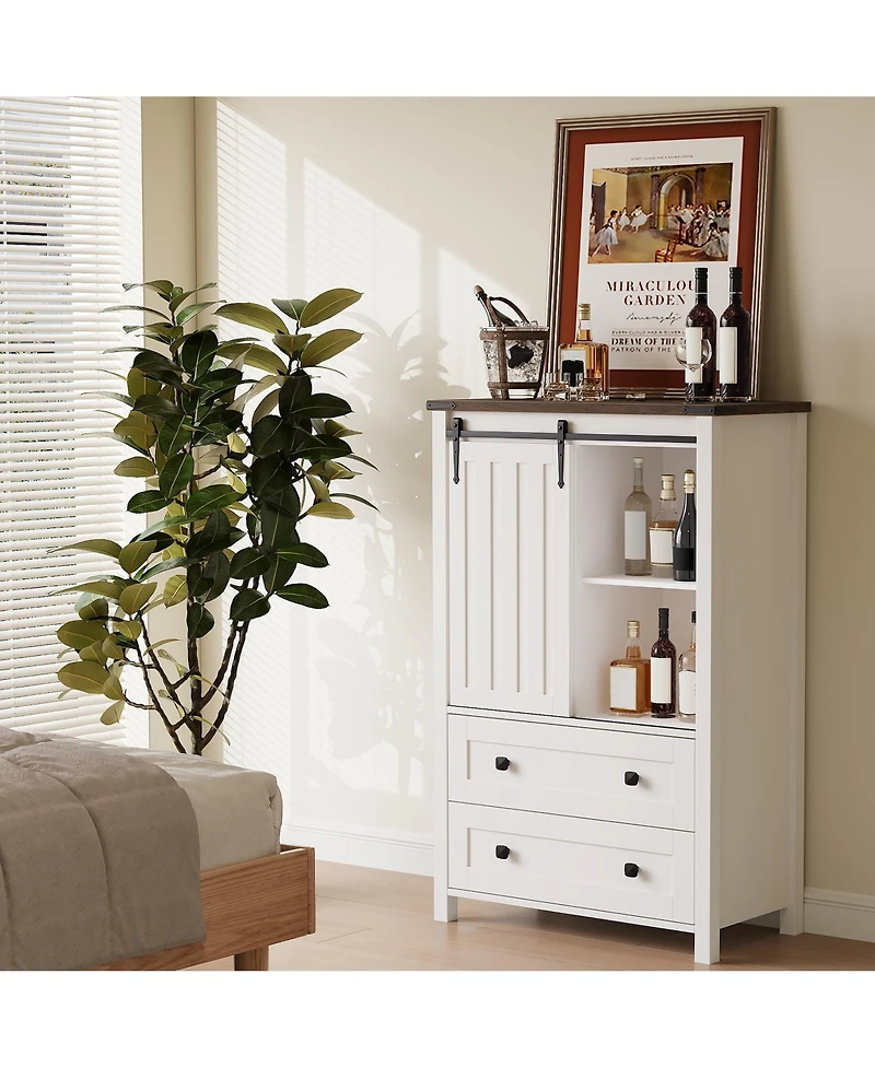 homfan Farmhouse 5 Drawer Dresser for Bedroom, Wood Dresser Chest of Drawer with Sliding Barn Door, Adjustable Shelf