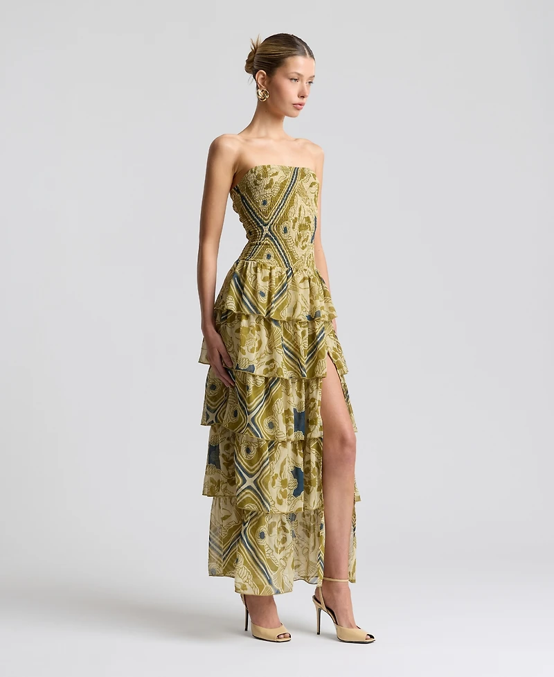 Avec Les Filles Women's Printed Smocked-Bodice Ruffle-Tiered Maxi Dress