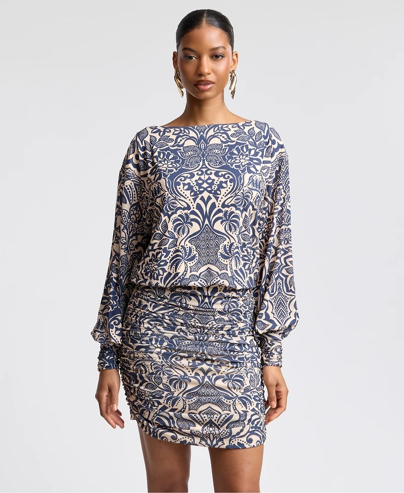 Avec Les Filles Women's Boat Neck Ruched Printed Mini Dress