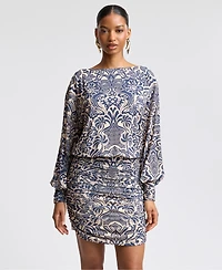 Avec Les Filles Women's Boat Neck Ruched Printed Mini Dress