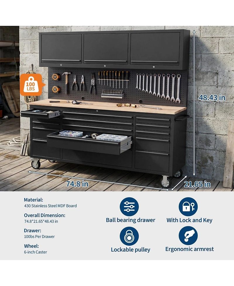 homfan 72 Inch 15 Drawer Workbench with 3 Locking Top Cabinets, Heavy Duty Steel and Rubber Wood Tool Chest