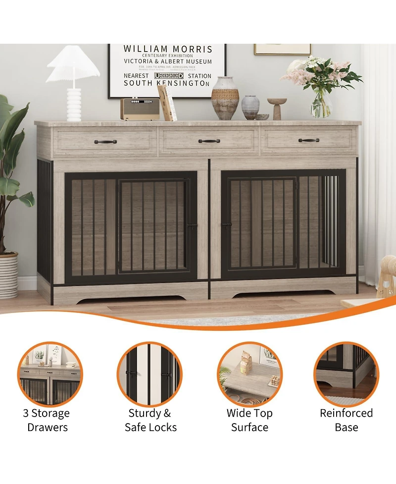 Gaomon Extra Large Double Dog Crate Furniture for 2 Medium Large Dogs Wooden Kennel End Table Tv Stand Chew Resistant with 3 Storage Drawers