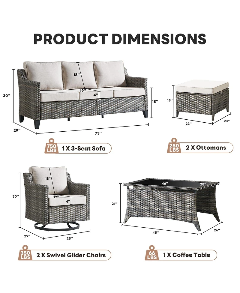 Pocassy 6 Pieces Patio Furniture Set, Outdoor Couch with Swivel Rocking Chair, Thick Cushion