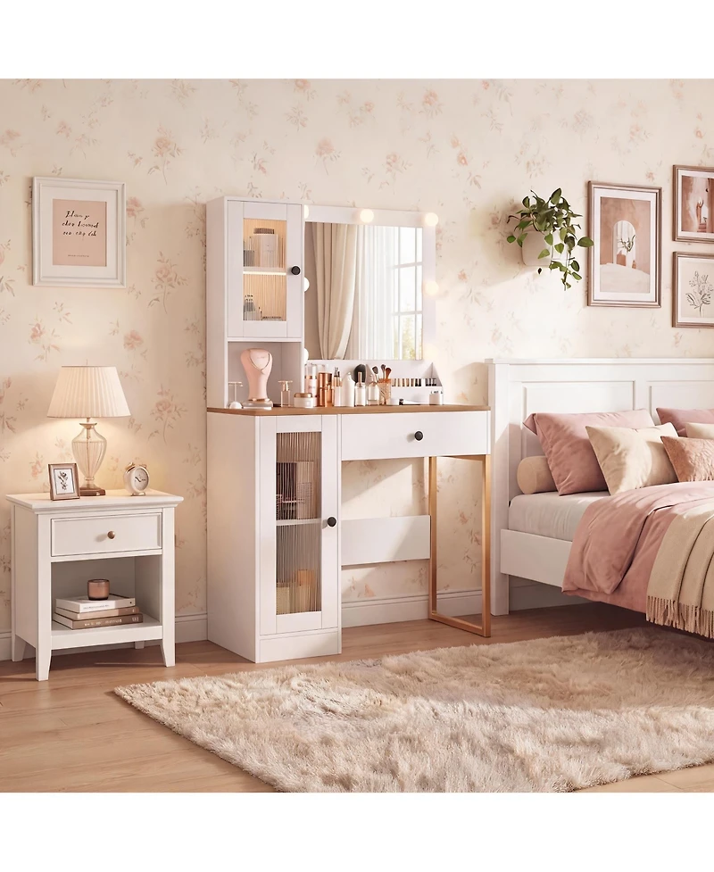 homfan Vanity Desk With Mirror Lights Dressing Table Adjustable Bulbs Outlets and Usb Ports Mdf Top Metal Leg Storage Drawers & Cabinets