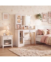 homfan Vanity Desk With Mirror Lights Dressing Table Adjustable Bulbs Outlets and Usb Ports Mdf Top Metal Leg Storage Drawers & Cabinets