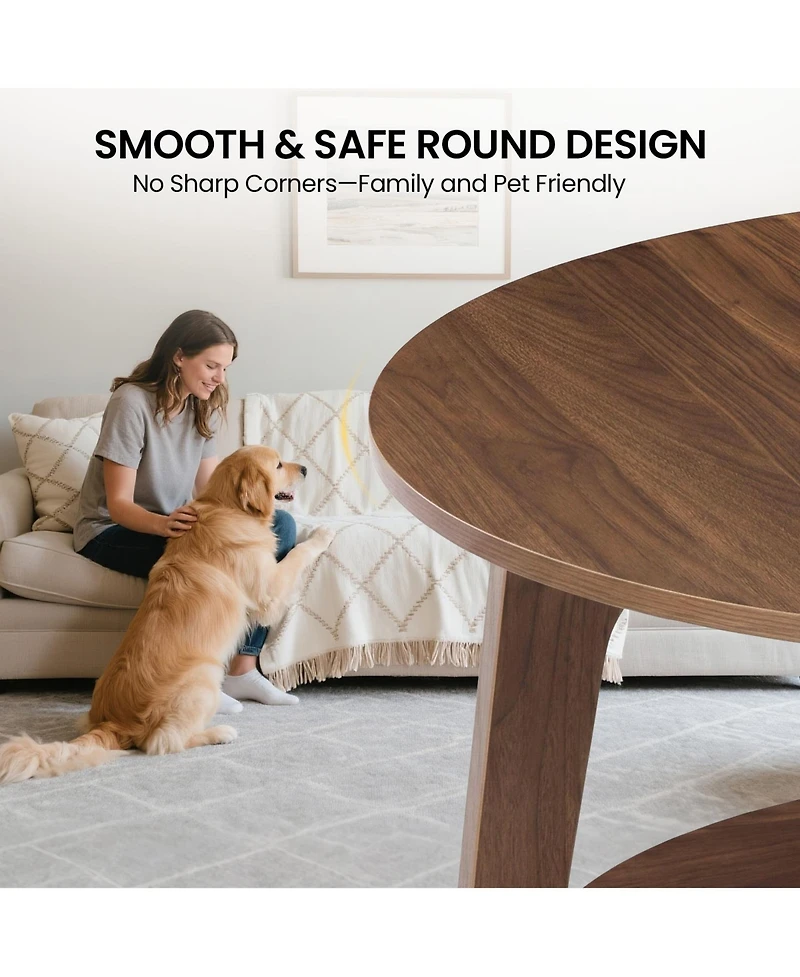 Gaomon 2-Tier Modern Round Coffee Table with Storage Shelf for Living Room, Wooden Accent Table with Curved Legs