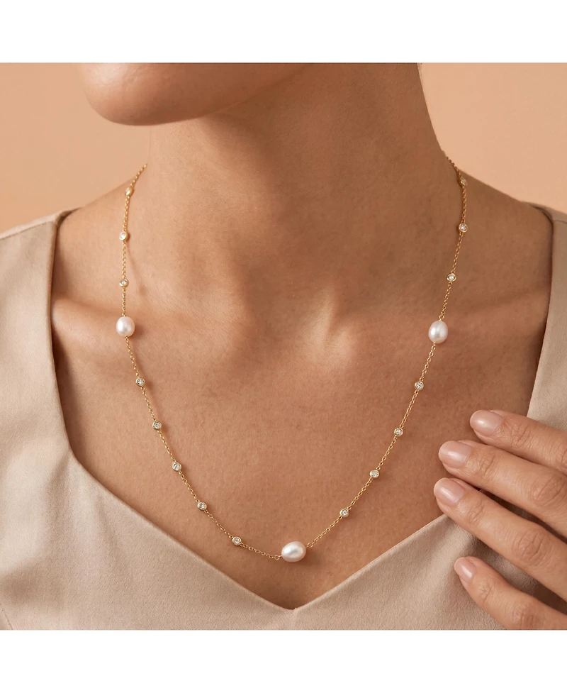 Sterling Silver 14k Yellow Gold Plated Baroque Pearl Bead Station Necklace, Adjustable Length