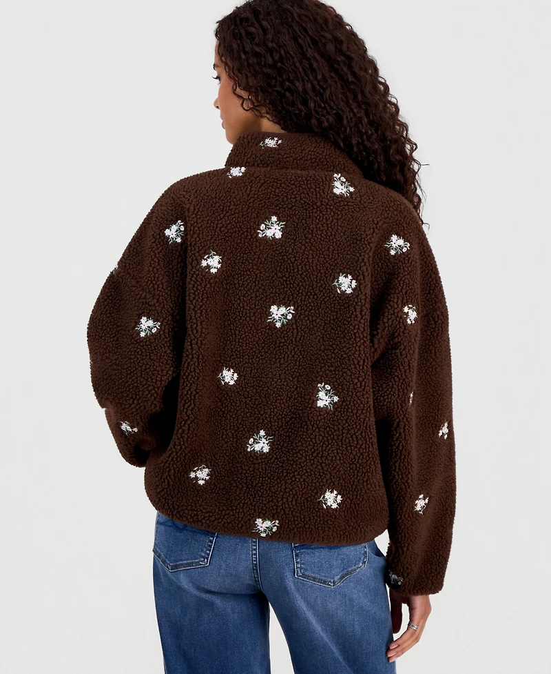 Planet Gold Juniors' Floral Embroidered Zip-Front Fleece Jacket