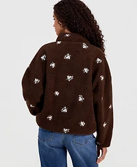 Planet Gold Juniors' Floral Embroidered Zip-Front Fleece Jacket