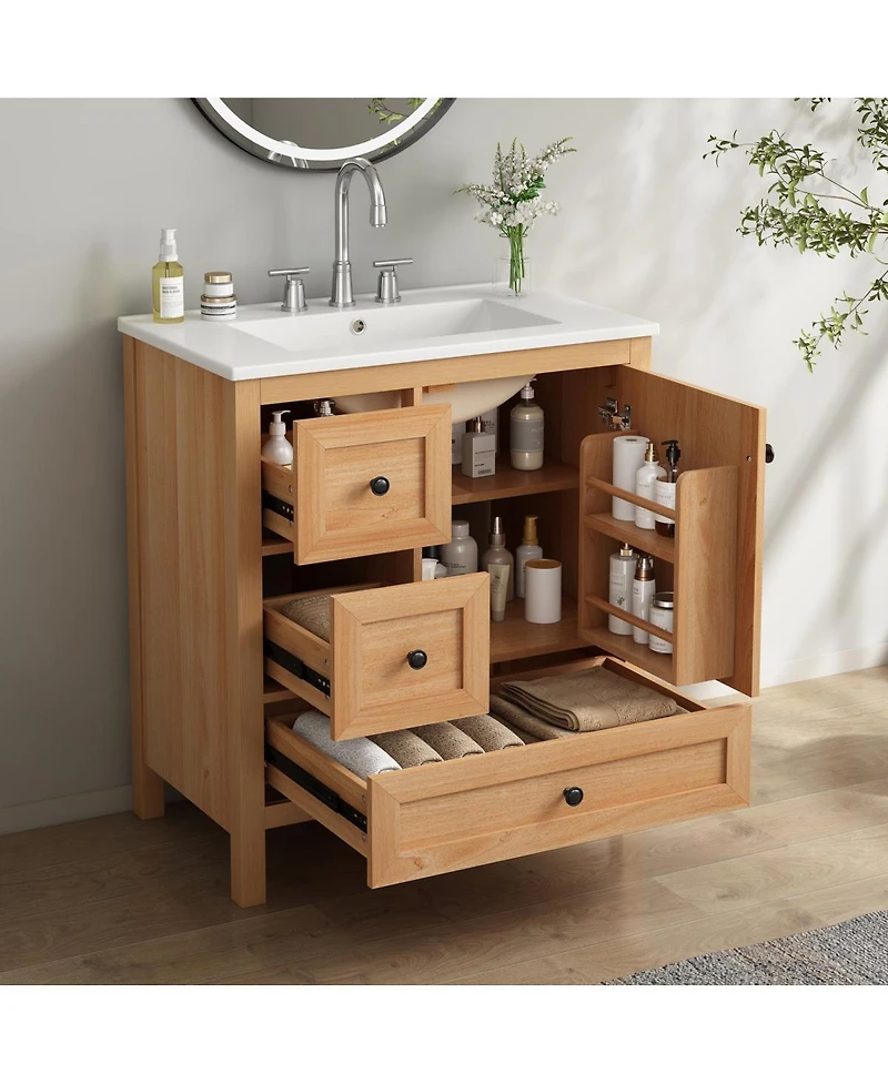Sillysis 30 Inch Bathroom Vanity with Sink, Freestanding Wood Cabinet, Soft Close Drawers and Door, Modern Farmhouse Storage