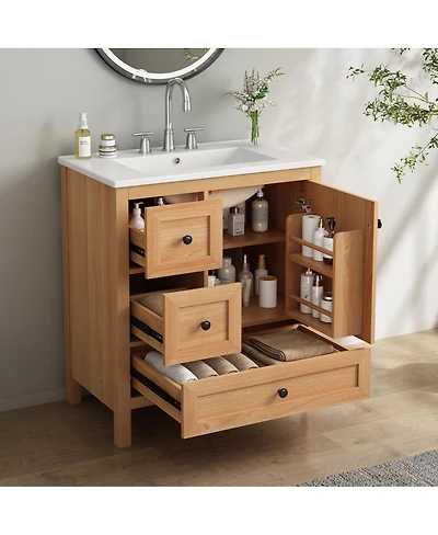 Sillysis 30 Inch Bathroom Vanity with Sink, Freestanding Wood Cabinet, Soft Close Drawers and Door, Modern Farmhouse Storage