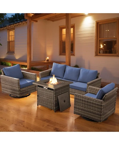Pocassy Patio Furniture with Fire Pit 4-Piece Wicker Outdoor Sectional Couch Swivel Rocking Chairs, Propane Conversation Set