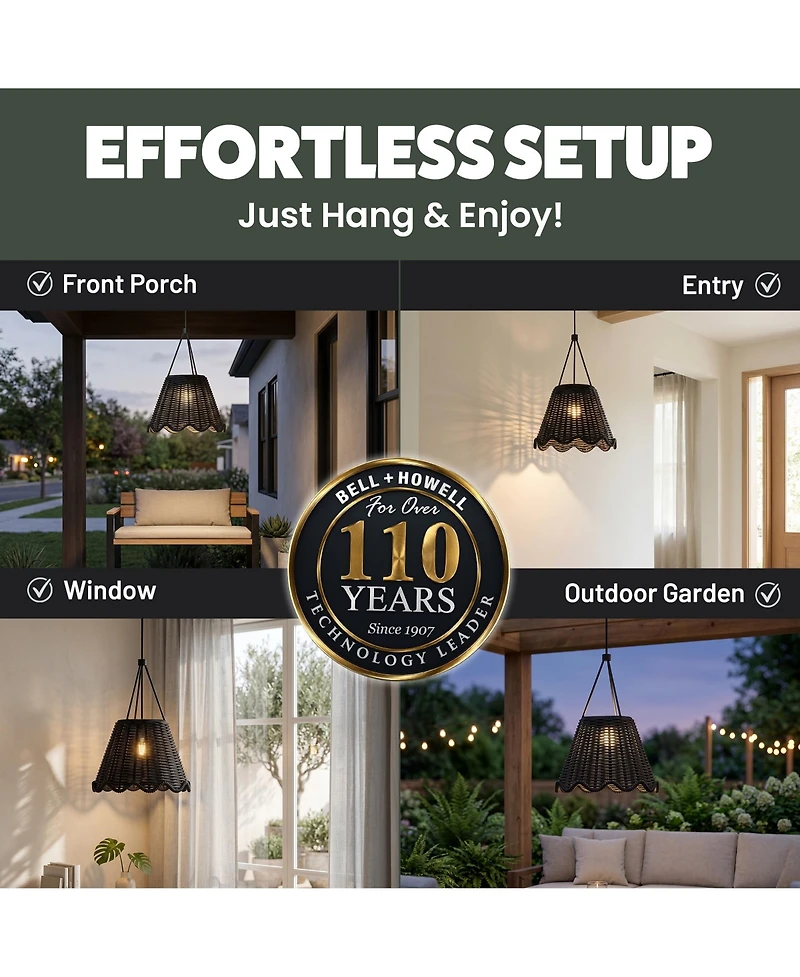 Bell + Howell Solar Wicker-Style Outdoor Led Lantern Dusk-to-Dawn, Weather Proof Hanging Pendant Light