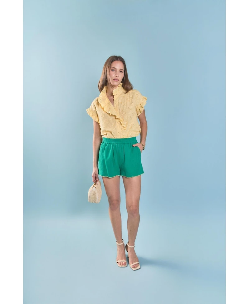 English Factory Women's Embroidered Ruffle Short Sleeve Shirt