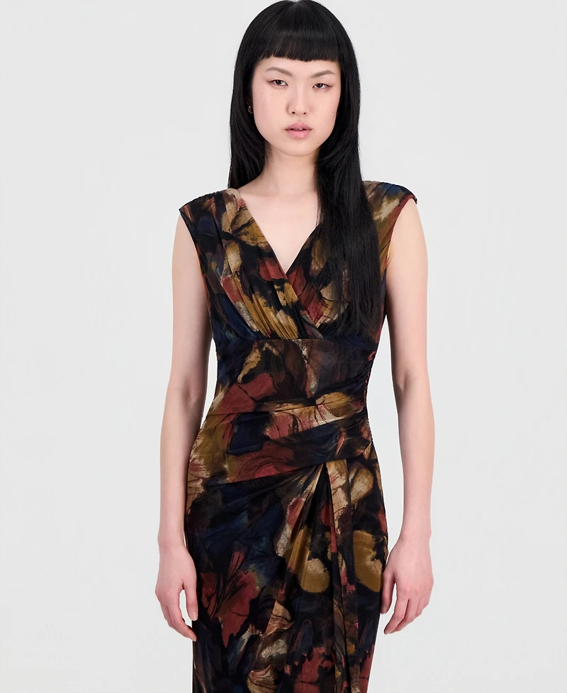 Connected Women's Printed Surplice-Neck Pleated Dress