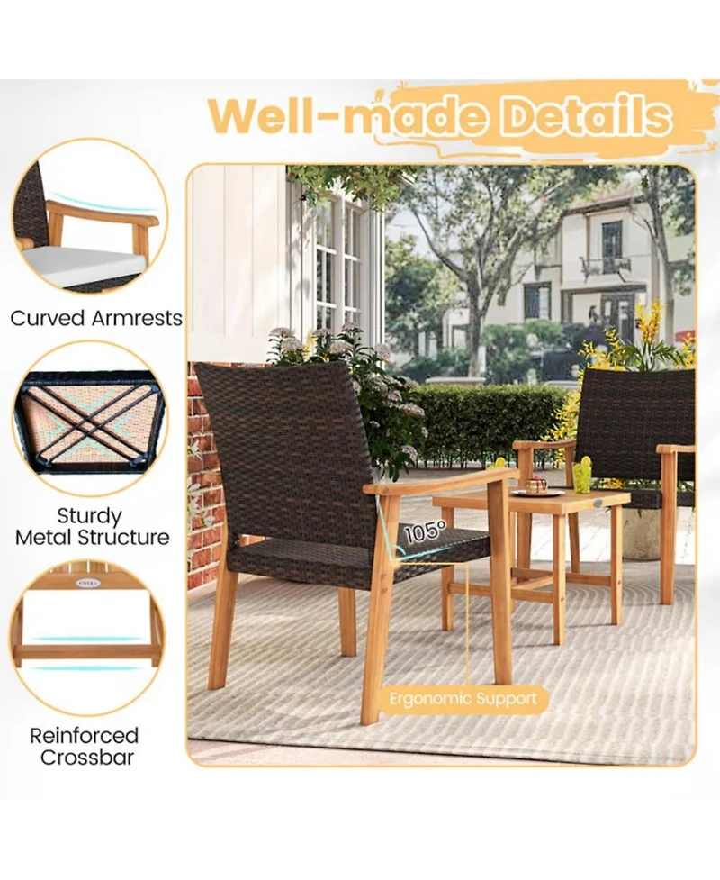 Yiortwo Patio Rattan Furniture Set Acacia Wood Bistro Chairs with Cushions