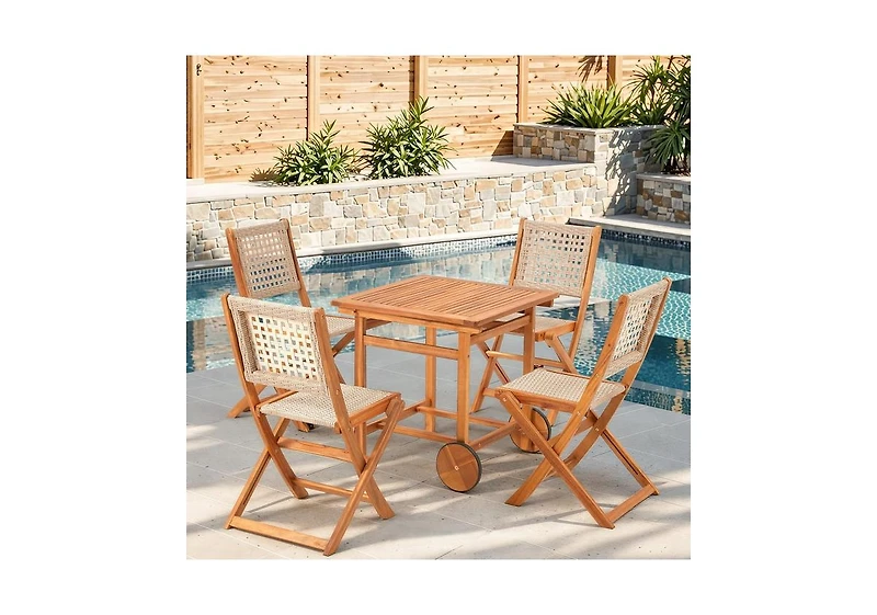 Aecojoy 5 Piece Outdoor Patio Dining Set, Acacia Wood Outdoor Table and Chairs with Wheels
