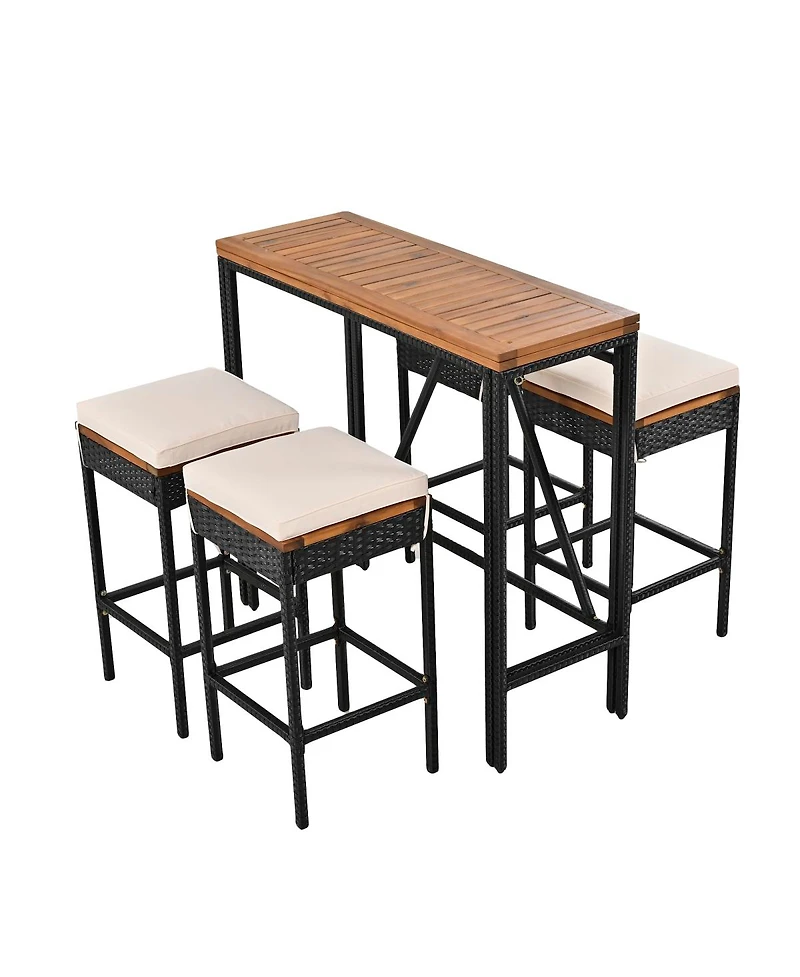 Streamdale Furniture Piece Acacia Wood and Wicker Outdoor Bar Height Dining Set with Cushions