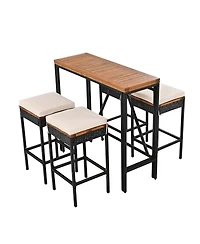 Streamdale Furniture Piece Acacia Wood and Wicker Outdoor Bar Height Dining Set with Cushions