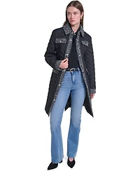 Karl Lagerfeld Paris Womens Long Quilted Tweed-Trim Coat