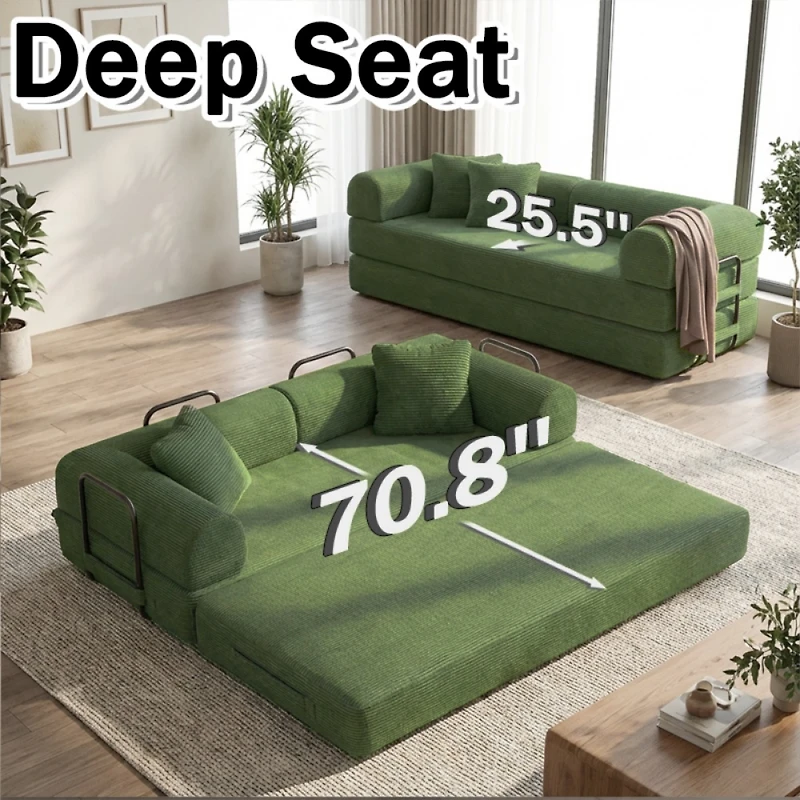 Clihome Coffee Convertible Sofa Bed, 2-in-1 Foldable Futon with Removable Pillows, Velvet Corduroy Living Room