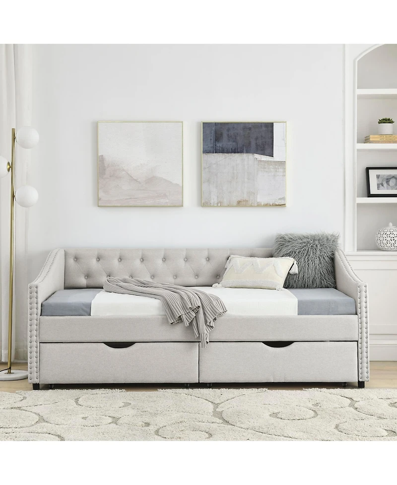 Clihome Daybed with Drawers Upholstered Tufted Sofa Bed, Button on Back and Copper Nail Waved Shape Arms