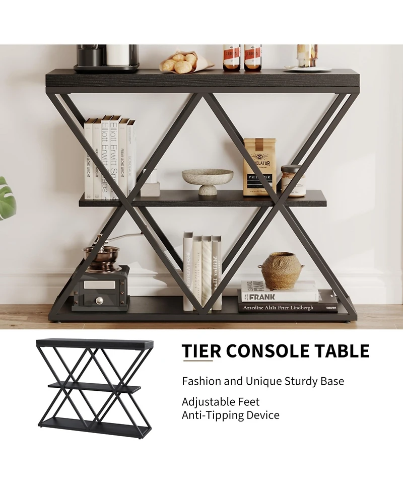 homfan Industrial 3-Tier Entryway Console Table with X-Shaped Metal Frame, Open Shelves and Adjustable Feet