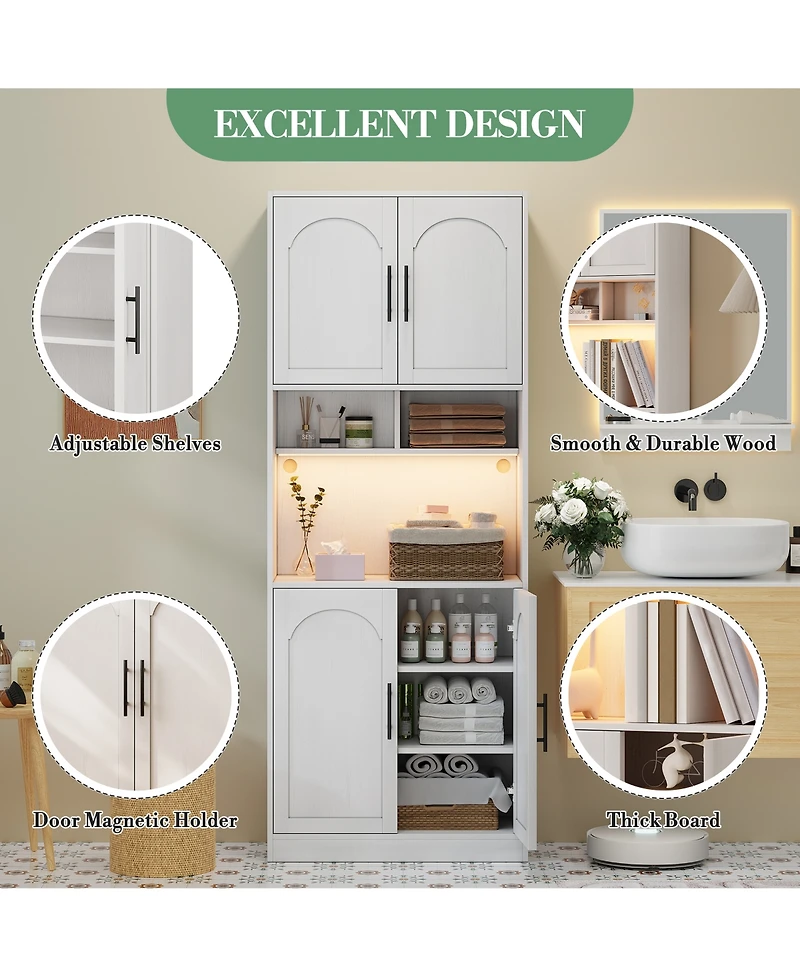 homfan 71" Tall Pantry Cabinet with Led Lights – Modern Kitchen Storage Hutch – Microwave Shelf – Adjustable Shelves – for Dining, Living Room
