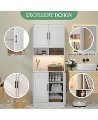 homfan 71" Tall Pantry Cabinet with Led Lights – Modern Kitchen Storage Hutch – Microwave Shelf – Adjustable Shelves – for Dining, Living Room