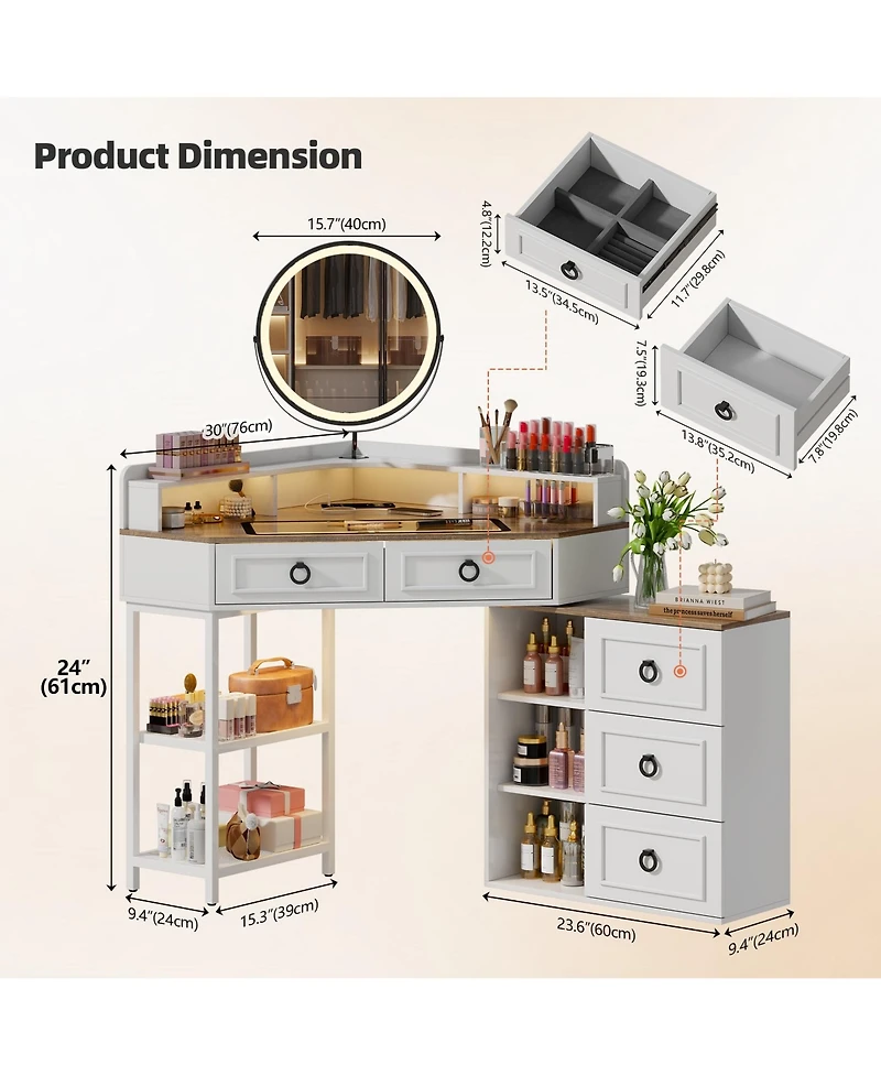 Vlsrka Corner Vanity Desk with Rotating Mirror and Lights