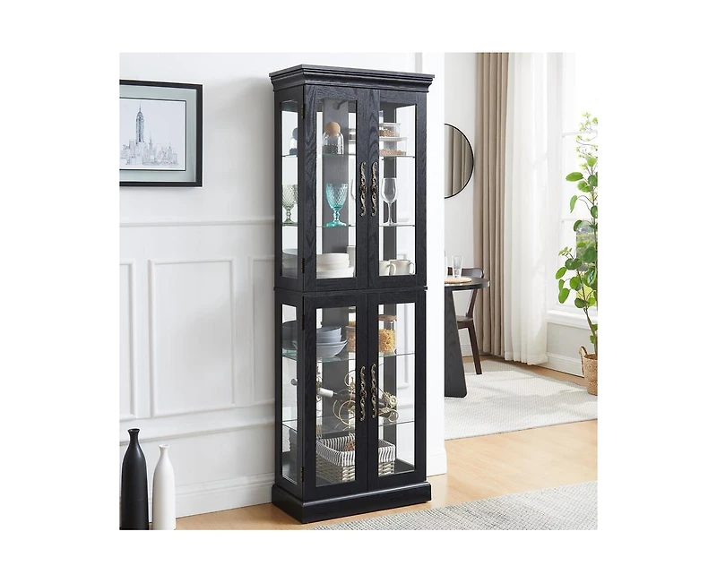 sumyeg Elegant Lighted Glass Curio Display Cabinet Wooden Frame Storage Includes Light Bulb