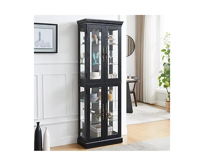 sumyeg Elegant Lighted Glass Curio Display Cabinet Wooden Frame Storage Includes Light Bulb