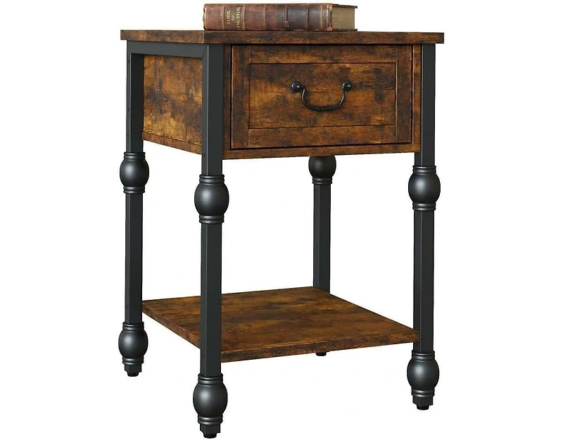 homfan Industrial End Table with Drawer and 2 Tiers, Retro Brown Nightstand for Bedroom Living Room
