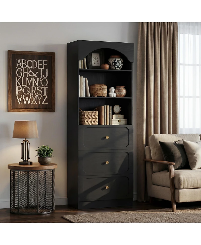 Aheaplus Wooden Pantry Storage Cabinets with 3-Tier Open Shelves, 80" Tall Bookshelf 3 Drawers