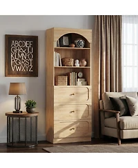 Aheaplus Wooden Pantry Storage Cabinets with 3-Tier Open Shelves, 80" Tall Bookshelf 3 Drawers