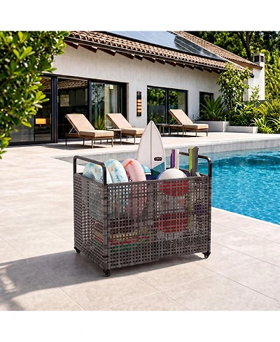 homfan Outdoor Poolside Storage Bin with Wheels, Mesh Sides, and 2 Handles for Floats, Noodles, Toys, Balls
