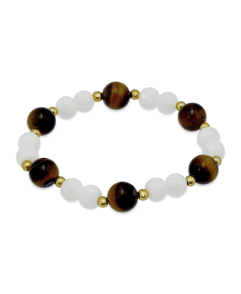 Macy's 14k Gold-Plated Over Brass Imitation Pearl Tigers Eye Beads Stretch Bracelet