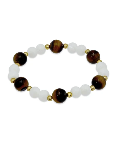 Macy's 14k Gold-Plated Over Brass Imitation Pearl Tigers Eye Beads Stretch Bracelet