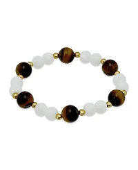 Macy's 14k Gold-Plated Over Brass Imitation Pearl Tigers Eye Beads Stretch Bracelet