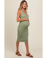 Pinkblush Maternity Light Olive Ribbed Fitted Sleeveless Snap Button Dress