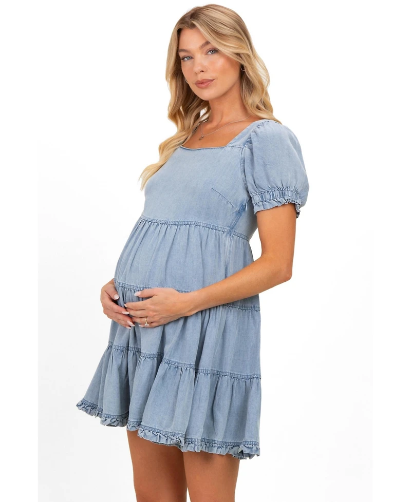 Pinkblush Denim Washed Chambray Tiered Babydoll Maternity Mini Dress