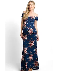 Pinkblush Maternity Navy Floral Off Shoulder Wrap Photoshoot Gown/Dress