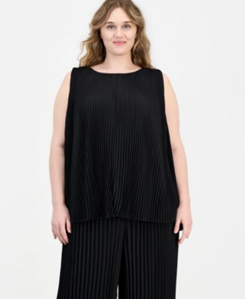 Anne Klein Plus Size Round Neck Sleeveless Pleated Top Pull On Pleated Pants